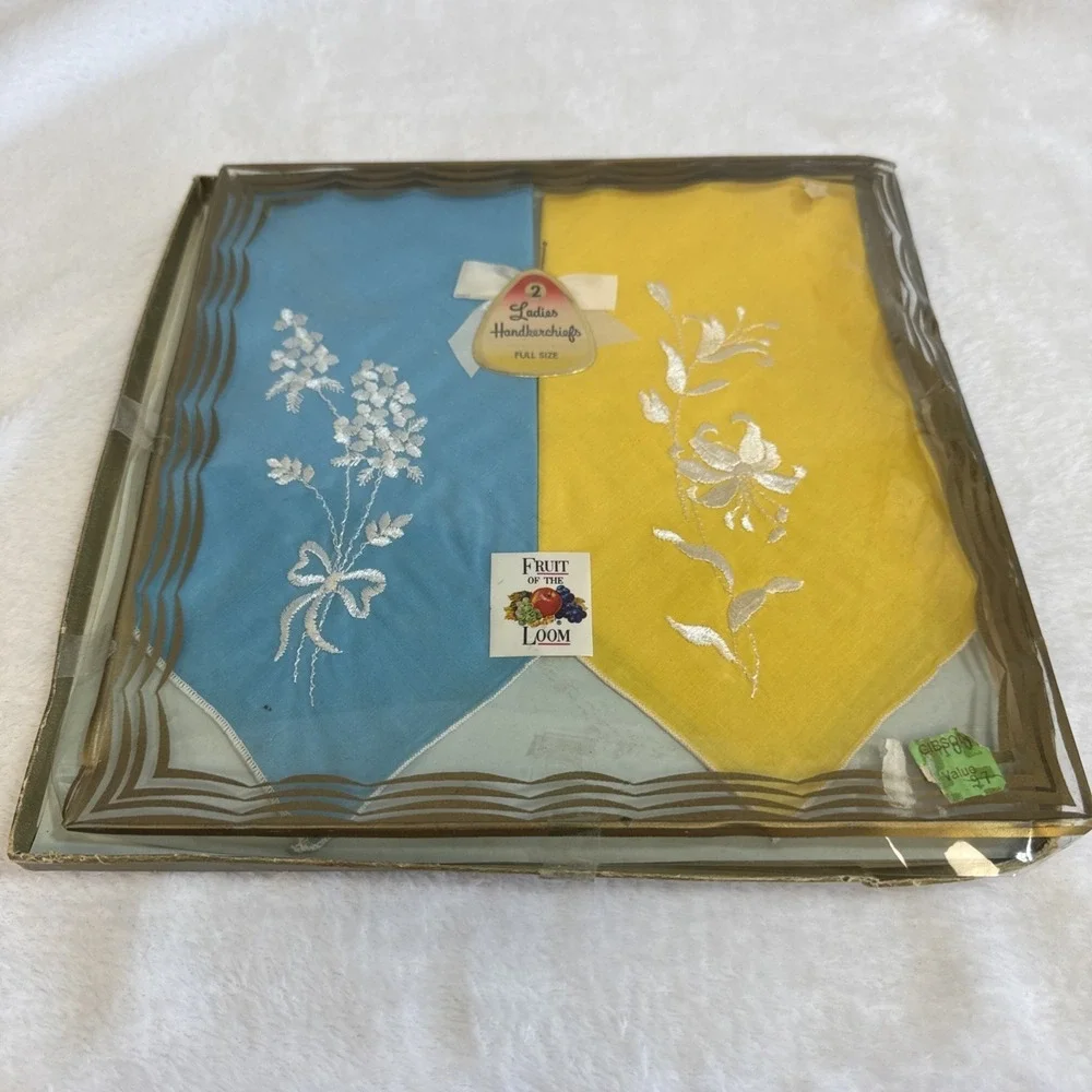 Vintage Fruit of the Loom Embroidered Cotton Handkerchiefs‎ 2 Pack Blue Yellow